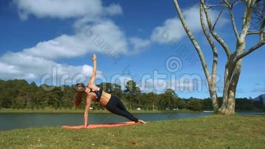 女孩在湖岸与树木保持瑜伽姿势
